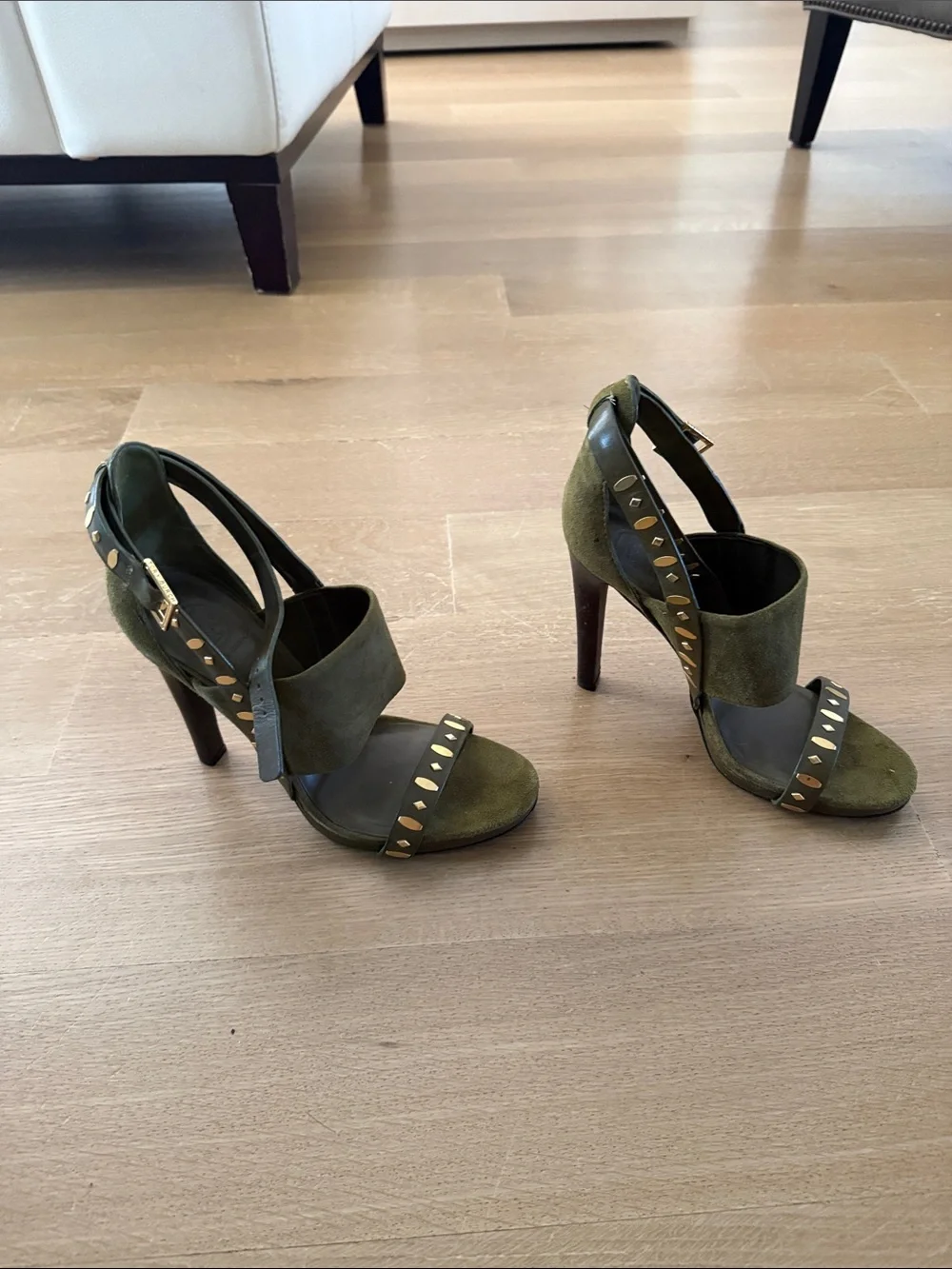 Tory Burch Olive Green Suede Studded High Heel Sandals